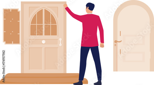 The boy is touching door.