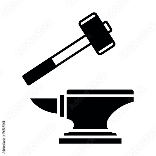 Bold black and white vector icon of a traditional anvil and sledgehammer isolated on white background