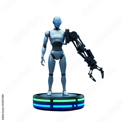 Robot with mechanical arm isolated on transparent background
