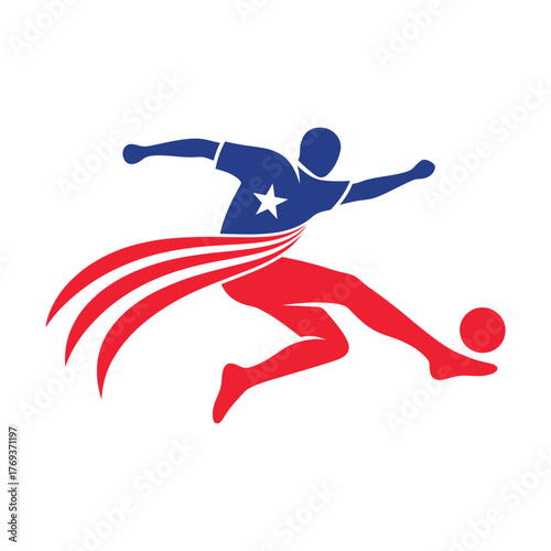 Dynamic minimalist logo of a stylized figure kicking a soccer football isolated on white background