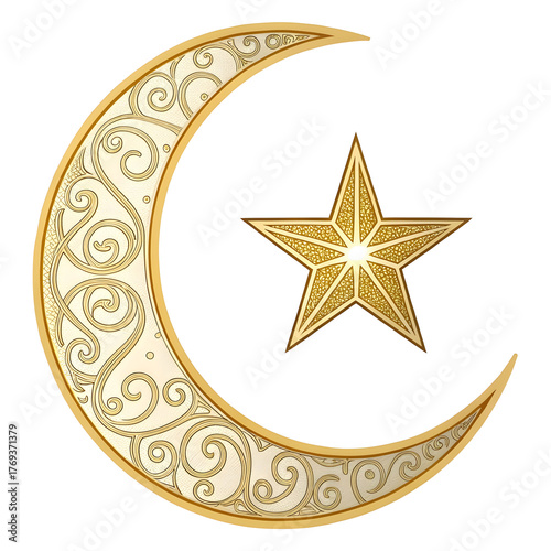 Crescent moon with star inside ornament in sticker style, symbolizing spirituality and tradition