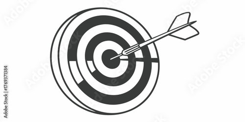 Illustration of a bullseye target with a dart precisely hitting the center in black and white outline