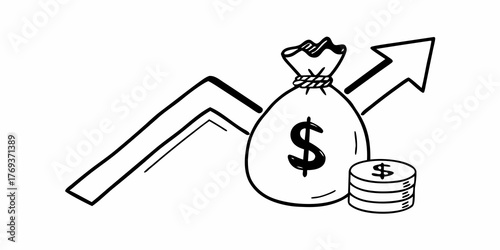 Doodle style drawing of money bag with dollar sign and coins with an upward trending arrow line