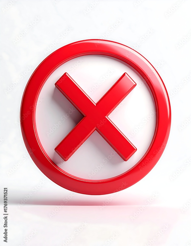 Fototapeta premium A 3D rendered image of a red X within a red circle, set against a bright white backdrop. The graphic has depth