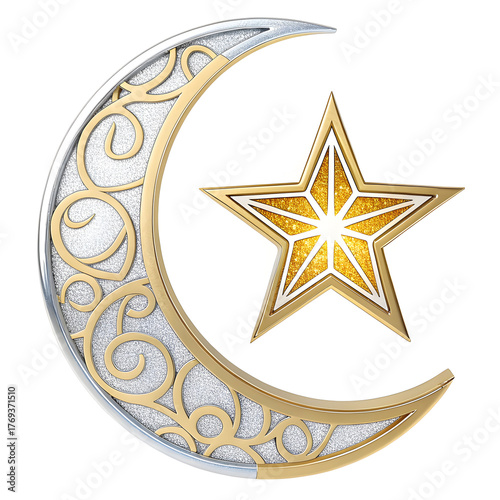 Crescent moon with star inside ornament in sticker style, symbolizing spirituality and tradition