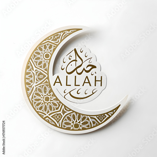 Crescent moon featuring Arabic calligraphy of Allah in sticker style, symbolizing Islamic faith, spirituality