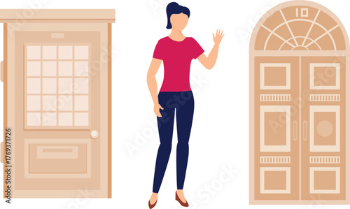 The girl is  talking on door way.