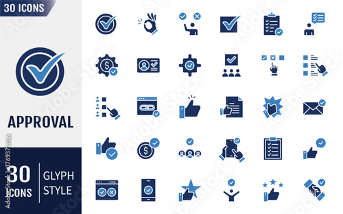 Approval flat Icons set. Containing icons. agreement, checkmark, OK sign, and more. Vector illustration