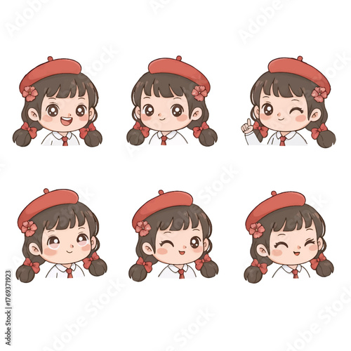 Cute Watercolor Set of Schoolgirl Faces Avatars with Red Beret