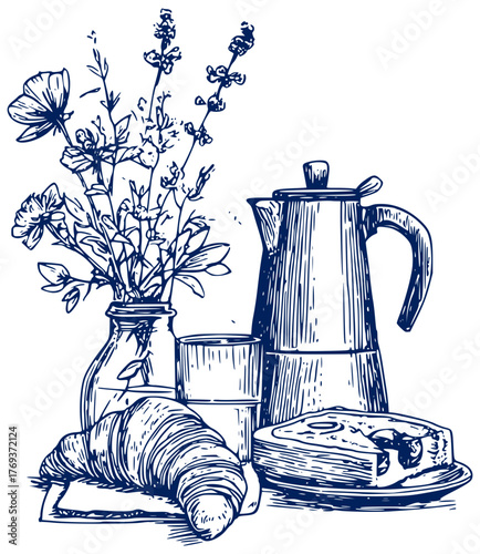 Breakfast with coffee and croissant