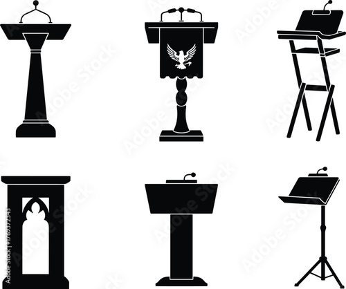 Collection of podium and lectern silhouettes with microphone, church pulpit icons, conference presentation stand vector illustration for public speaking design