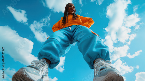 Young black woman expressing joy and confidence, wearing colorful streetwear clothing with sneakers, viewed from a low angle against a vibrant blue sky with white clouds