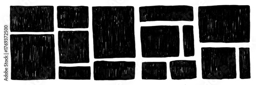 Crayon drawn black grunge rectangles and squares with rough edges. Childish text boxes, empty speech bubbles, doodle geometric shapes with pencil rough texture. Rectangles for hand drawn notes