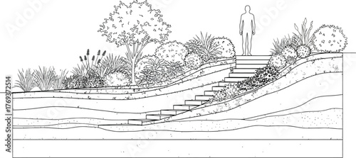 Landscape design shows terraced garden with stairs and plants