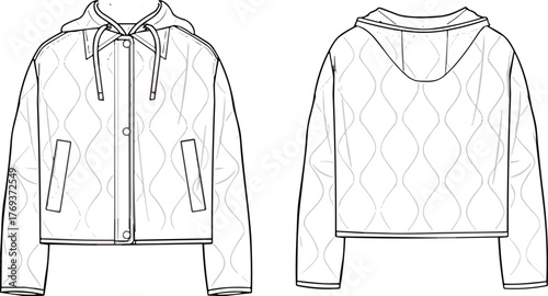 Fashion technical drawing of quilted jacket with hood, front and back view, apparel design sketch, clothing pattern illustration, outerwear template