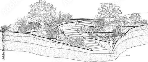 Landscape design with stairs and plants in black and white