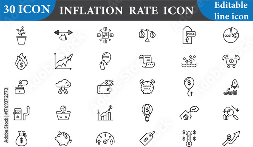 This inflation rate icon set features editable line icons. Perfect for illustrating economic inflation, business finance, and market trends. Isolated on white background.