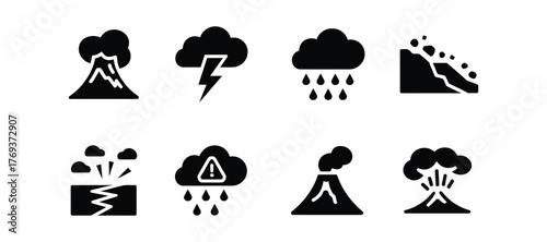 Collection of natural disaster icons, including volcano, lightning, and landslide