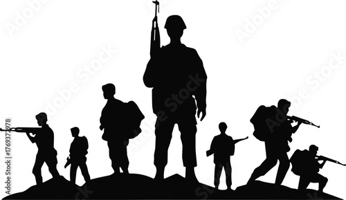 Silhouette of soldiers standing with guns on battlefield, military team unity, war heroes, defense, courage, army protection illustration