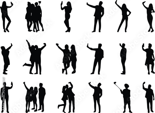 Silhouette people taking selfies, group friends posing with smartphones, modern technology concept, social media lifestyle, fun communication, black figures isolated