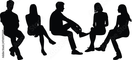 Silhouette people sitting together, casual conversation group, teamwork communication concept, modern lifestyle illustration, black figures isolated on white background, social interaction