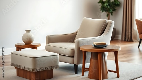 An elegant armchair and wooden side table arranged in a warm, minimalist living space.