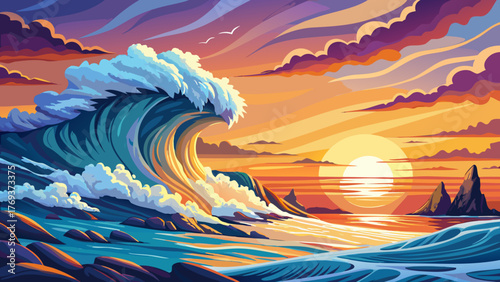 Very beautiful crashing wave at dawn in Cape Henlopen State Park, Delaware, USA, where the soft golden sunrise meets the tranquil ocean horizon, creating a breathtaking coastal morning atmosphere.