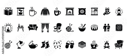 Collection of cozy home icons, representing warmth, comfort, and relaxation