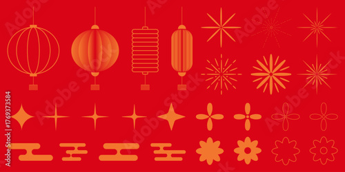 Chinese New Year icons set on red background. Chinese lantern, firework, clouds and flower. Oriental culture tradition. Vector