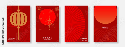 Chinese New Year poster background set. Modern art design with Chinese lantern, firework, fan and landscape. Suitable for cover, banner and card. Vector