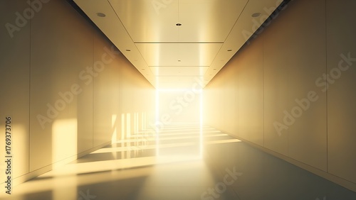 Long corridor with bright lights and minimalist architectural lines.