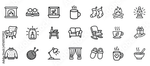 Cozy home line icon set fireplace, book, mug, socks, armchair, candle, sofa