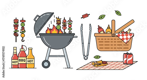 A barbeque grill with skewers of food and a picnic basket are ready for outdoor dining.