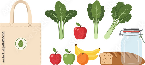 Reusable shopping bag filled with fresh produce and bread for a healthy meal.