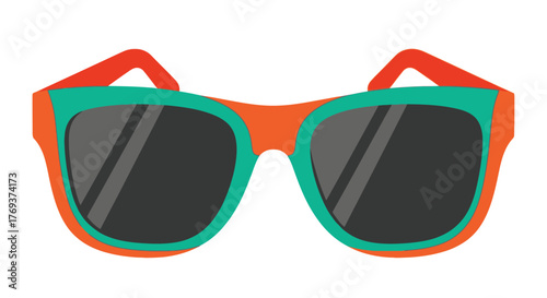 Stylized sunglasses with a vibrant orange and teal frame offer eye protection.