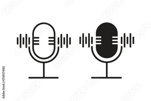 Dual Microphone Icons with Sound Waves – Podcast and Audio Communication Vector
