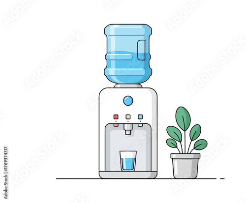 A modern water cooler with a full bottle and a glass of water sits next to a potted plant.