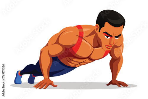 bodybuilder performing a push up on white-background