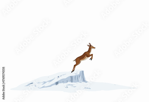 Graceful Leap of a Deer Over a Snow-Covered Rocky Cliff Captured in Minimalistic Art Style Against a Pristine White Background
