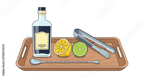 A bottle of liquor, citrus fruits, tongs, and a bar spoon are arranged on a wooden tray.