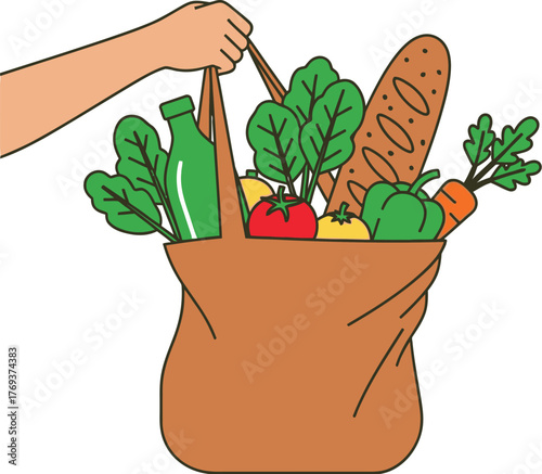 A hand holds a reusable bag filled with fresh groceries including fruits and vegetables.