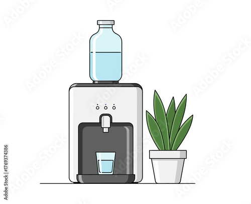 A modern water cooler with a glass of water and a potted plant.