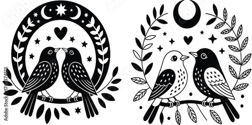 Romantic couple of cute birds in love, old-school tattoo artwork with vintage engraved look, detailed vector illustration for creative design, celebration of affection and unity, suitable for statione