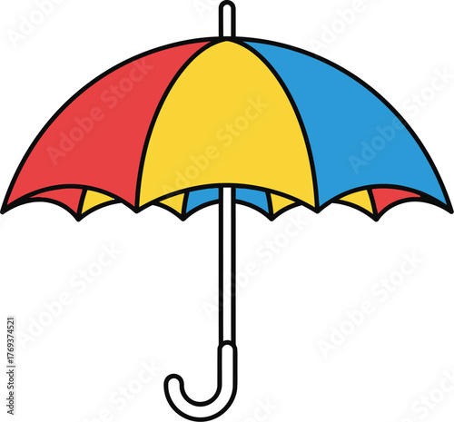 A colorful umbrella is open against a white background.