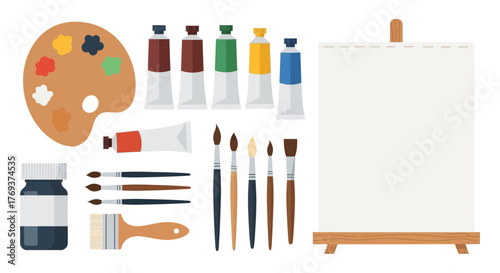 Art supplies including a palette, paint tubes, brushes, and a canvas on an easel are neatly arranged.