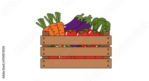 A wooden crate overflowing with fresh carrots, tomatoes, eggplants, and broccoli.
