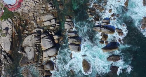 Aerial top view of Maiden's Cove Tidal Pool in Clifton, Cape Town, South Africa.	