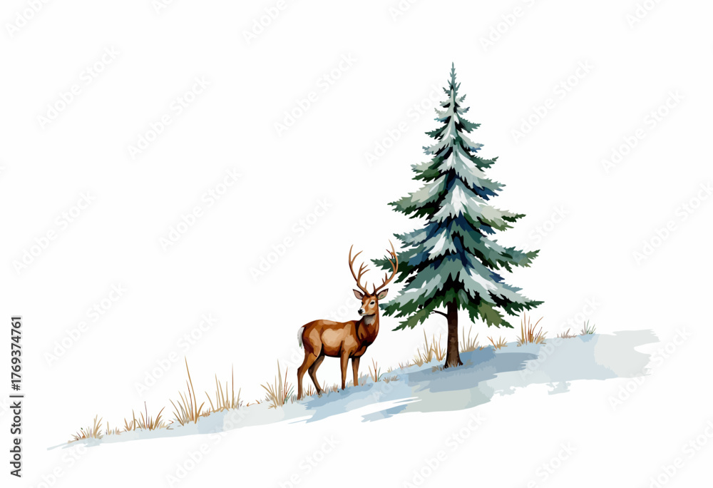 Obraz premium Majestic deer standing gracefully beside a snow-laden evergreen tree on a gentle winter slope, capturing the serene beauty of a tranquil, frosty landscape