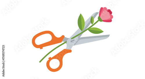 A pair of orange-handled scissors cuts a pink rose with green leaves from its stem.