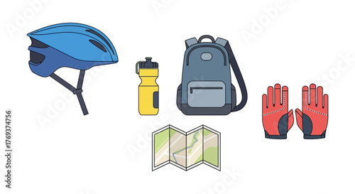 Cycling equipment including a helmet, water bottle, backpack, map, and gloves are laid out.